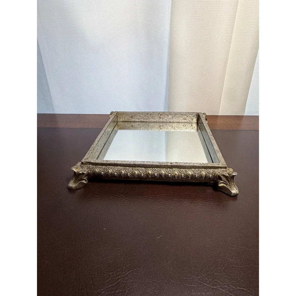 Vintage Ornate Mirrored Vanity Tray Champagne Gold Footed Perfume Jewelry Decor